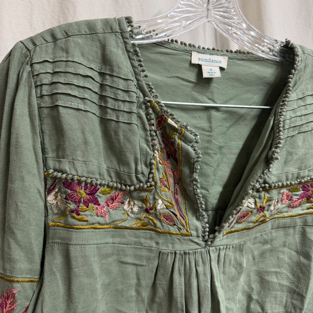Sundance Womens Sage Green Embroidered Bird Floral Linen Peasant Blouse Small - Picture 6 of 11